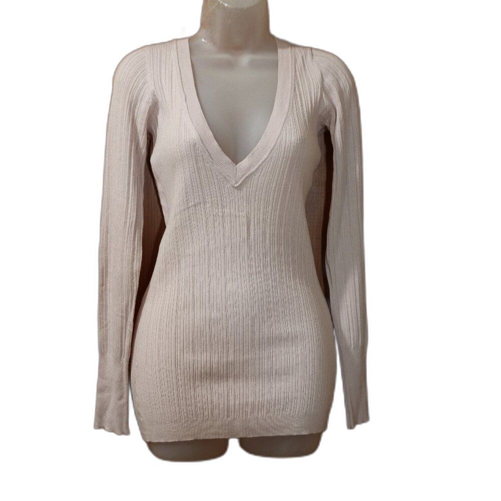 Park Vogel Y2K Pink Cotton Cashmere V-Neck Ribbed Sweater Long Sleeve